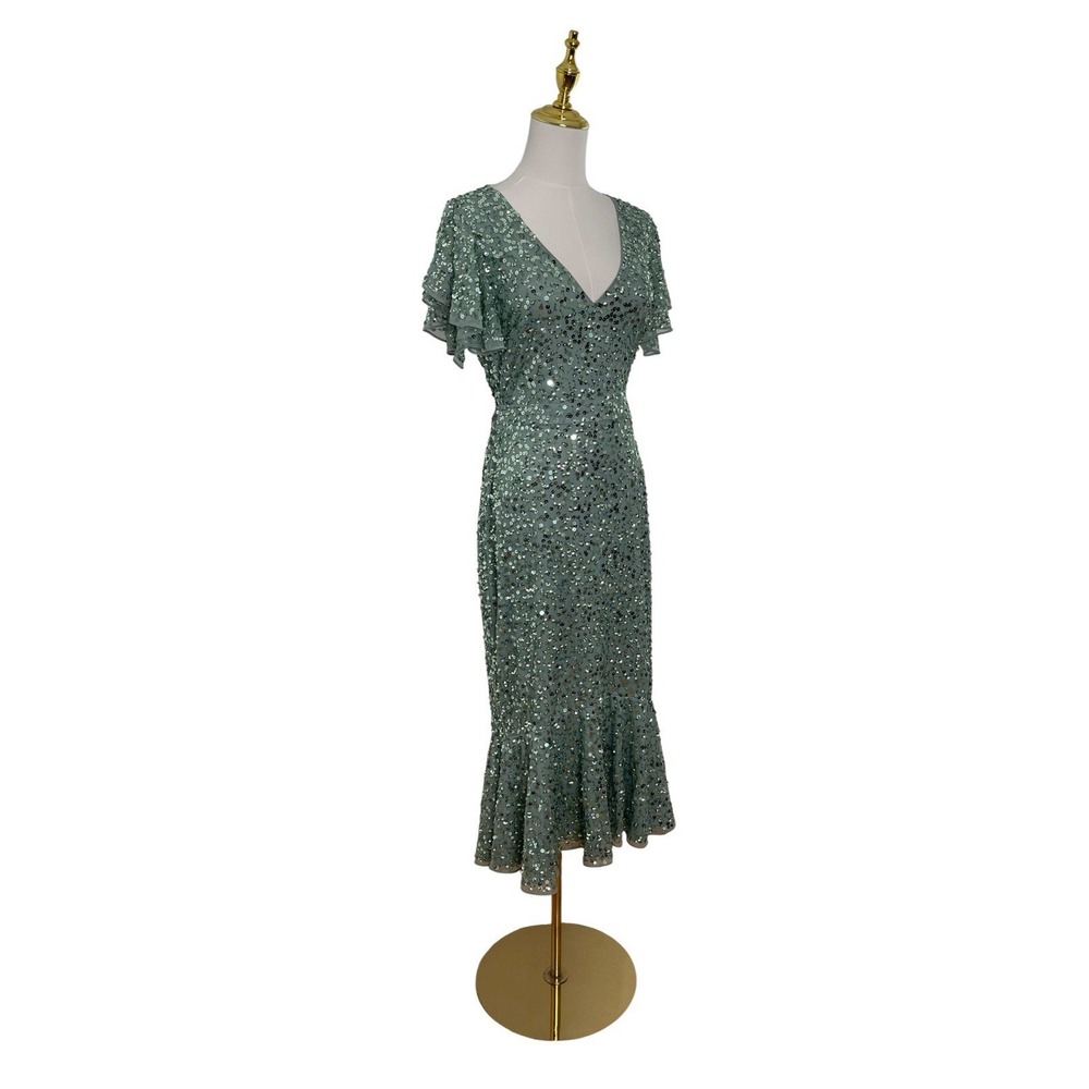 Mac‎ Duggal 10801 Sage Sequin Flutter Sleeve Midi Dress Size 4 $398 - Picture 4 of 7